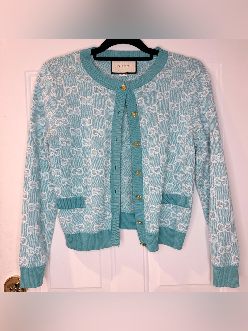 Gucci GG Logo Wool Knit Cardigan Blue White Gold Buttons Women’s Small Italy